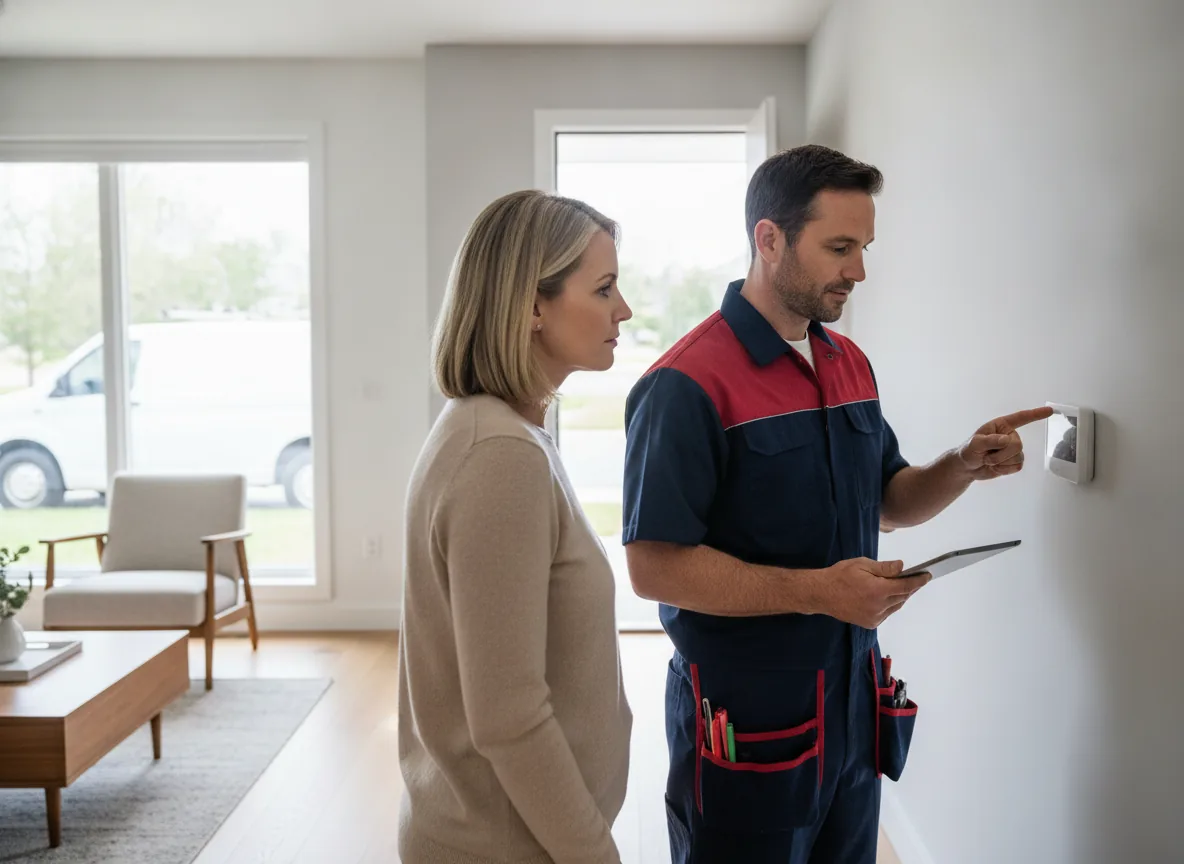 Photographic 16:9 scene of a Spot Free HVAC technician in a navy work shirt with red tool accents standing in a bright living room, pointing to a wall thermostat while a homeowner listens, a clean service van visible through the front door, soft daylight, no text