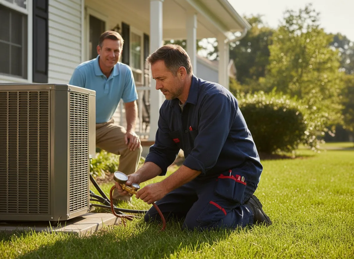 Photographic 16:9 scene of a Spot Free HVAC technician in a navy work shirt with red tool accents kneeling beside a residential air conditioning condenser, checking a pressure gauge while a homeowner watches from the porch, clean suburban home, morning light, calm and professional, no text